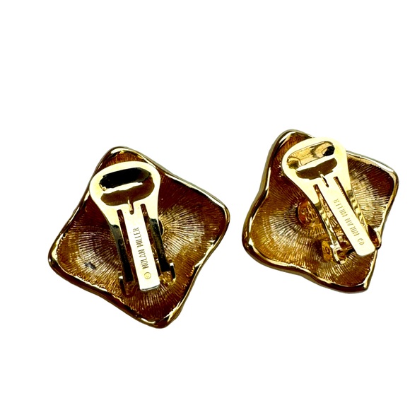 Nolan Miller Navy Blue and Clear Rhinestone Gold Square Clip On Earrings - Picture 3 of 5